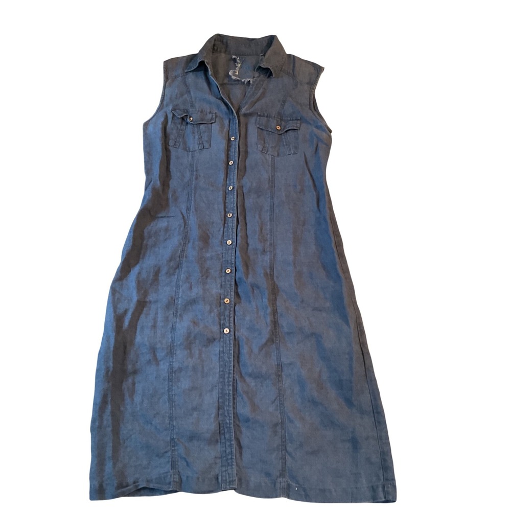 Yuvita Blue Linen Blend Sleeveless Button Down Midi Shirt Dress Womens Large